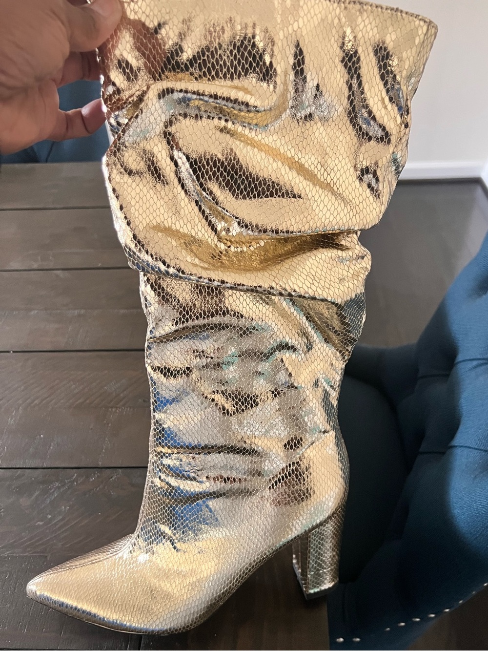New York & Company Metallic Gold Slouchy Pointed-Toe Block Heel Boots